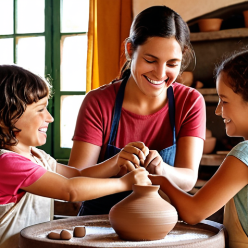 Home 11 A heartwarming scene of a family (mother, father, and two children, approximately 8-12 years old) actively participating in a traditional Portuguese ceramic pottery workshop in Alentejo. Their hands are covered in clay as a smiling local artisan guides them in shaping earthenware. The workshop is rustic and authentic, with finished ceramic pieces displayed around. Sunlight streams through a window, highlighting their joyful expressions and focused engagement in this hands-on cultural immersion experience. The atmosphere is one of intergenerational learning and shared discovery, with warm, inviting colors.