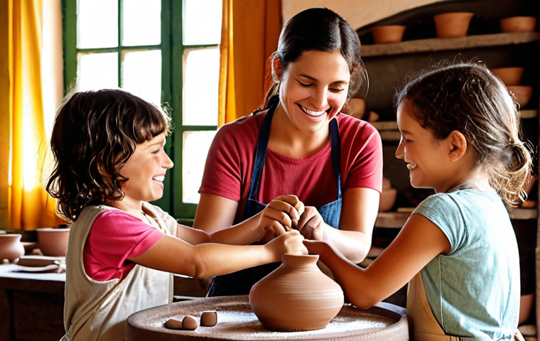 A heartwarming scene of a family (mother, father, and two children, approximately 8-12 years old) actively participating in a traditional Portuguese ceramic pottery workshop in Alentejo. Their hands are covered in clay as a smiling local artisan guides them in shaping earthenware. The workshop is rustic and authentic, with finished ceramic pieces displayed around. Sunlight streams through a window, highlighting their joyful expressions and focused engagement in this hands-on cultural immersion experience. The atmosphere is one of intergenerational learning and shared discovery, with warm, inviting colors.