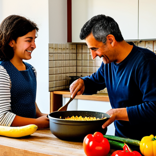 Home 6 A family of four, including a mother, father, and two children (a boy and a girl, aged approximately 8 and 12), fully clothed in modest, comfortable attire, collaborating joyfully in a rustic, sun-drenched kitchen. They are preparing a traditional Portuguese dish like 'Arroz de Pato', with local ingredients such as fresh vegetables and rice laid out on a wooden countertop. One child is carefully slicing vegetables with supervision, while the other stirs a large pot. The parents guide them with smiles, embodying shared effort and learning. The kitchen features traditional Portuguese tiles and warm lighting, suggesting a cozy holiday rental in Alentejo, Portugal. This scene captures a moment of connection and skill development through cooking. safe for work, appropriate content, fully clothed, modest, family-friendly, perfect anatomy, correct proportions, natural pose, well-formed hands, proper finger count, natural body proportions, professional photography, high quality.