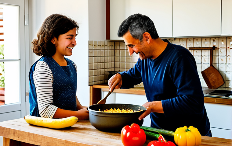 A family of four, including a mother, father, and two children (a boy and a girl, aged approximately 8 and 12), fully clothed in modest, comfortable attire, collaborating joyfully in a rustic, sun-drenched kitchen. They are preparing a traditional Portuguese dish like 'Arroz de Pato', with local ingredients such as fresh vegetables and rice laid out on a wooden countertop. One child is carefully slicing vegetables with supervision, while the other stirs a large pot. The parents guide them with smiles, embodying shared effort and learning. The kitchen features traditional Portuguese tiles and warm lighting, suggesting a cozy holiday rental in Alentejo, Portugal. This scene captures a moment of connection and skill development through cooking. safe for work, appropriate content, fully clothed, modest, family-friendly, perfect anatomy, correct proportions, natural pose, well-formed hands, proper finger count, natural body proportions, professional photography, high quality.