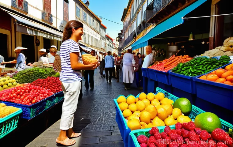 여행 중의 다양한 경험과 배움의 기회 - **Vibrant Portuguese Market Experience:**
"A bustling, open-air market in a historic Portuguese ...
