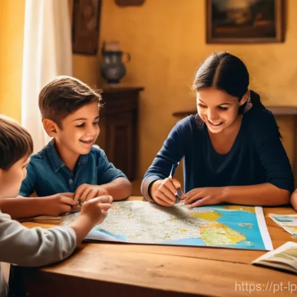 아이와 함께하는 여행 중의 팀워크 활동 - **Family Trip Planning Session in a Portuguese Home**
A happy Portuguese family of four (father,...