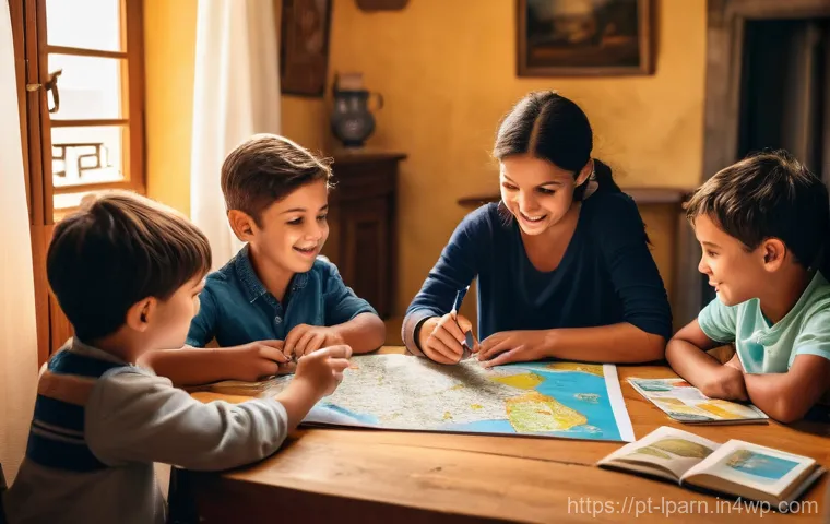 아이와 함께하는 여행 중의 팀워크 활동 - **Family Trip Planning Session in a Portuguese Home**
    A happy Portuguese family of four (father,...
