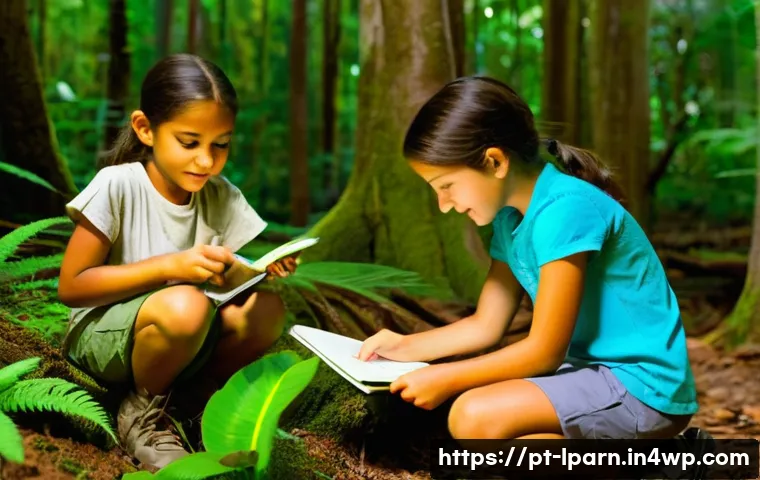 가족 여행 중 학습할 수 있는 과학 실험 - **Botanical Exploration in a Lush Forest:**
A vibrant, sun-dappled scene featuring a diverse Bra...