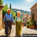 Home 20 여행 중의 정체성 탐구와 학습 - A diverse group of travelers engaging warmly with local villagers in a small Spanish countryside vil...