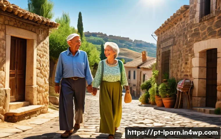 여행 중의 정체성 탐구와 학습 - A diverse group of travelers engaging warmly with local villagers in a small Spanish countryside vil...