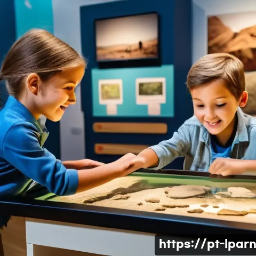 아이와 함께하는 역사 교육 여행 - A lively interactive museum scene where children aged 6 to 12 engage with tactile exhibits in a natu...