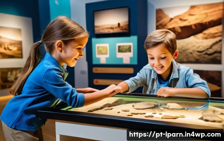 아이와 함께하는 역사 교육 여행 - A lively interactive museum scene where children aged 6 to 12 engage with tactile exhibits in a natu...
