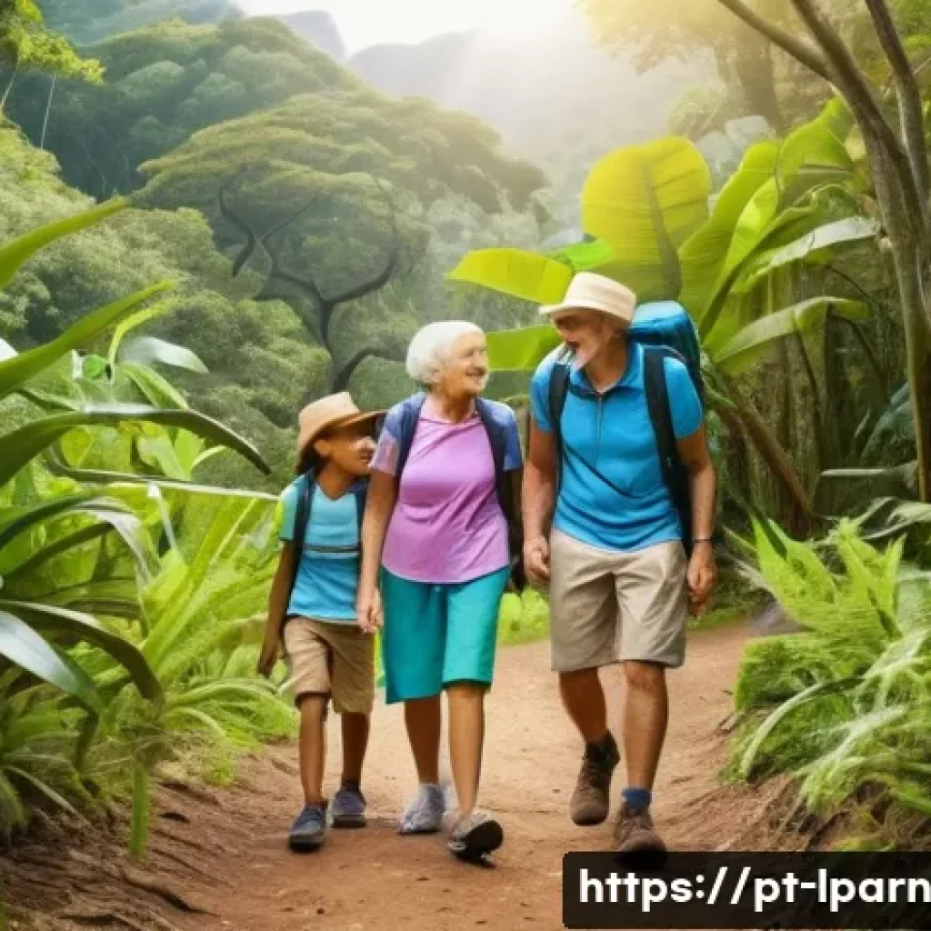 가족 여행과 관련된 체험 활동 아이디어 - A cheerful multi-generational family hiking together on a gentle nature trail in a lush Brazilian pa...