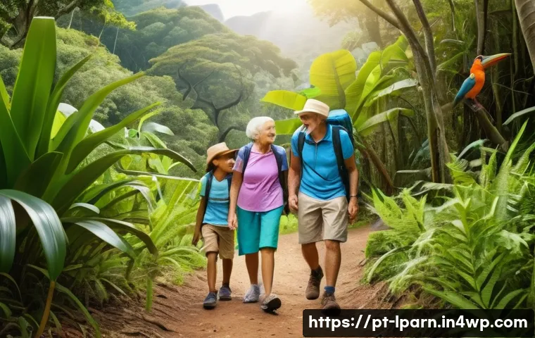 가족 여행과 관련된 체험 활동 아이디어 - A cheerful multi-generational family hiking together on a gentle nature trail in a lush Brazilian pa...