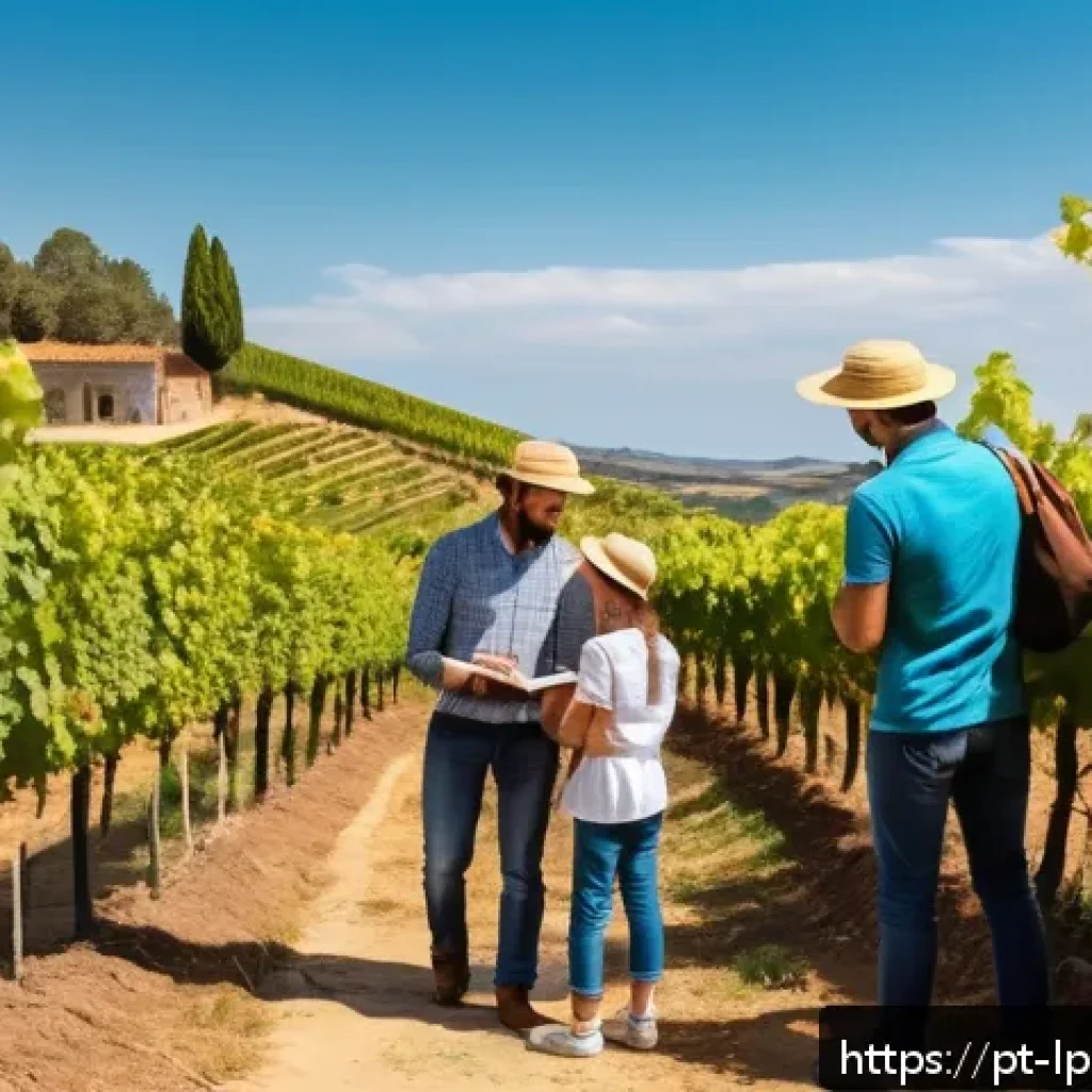가족 여행과 직업 체험의 연결 - A vibrant family scene at a local vineyard in Portugal, with parents and two children wearing casual...