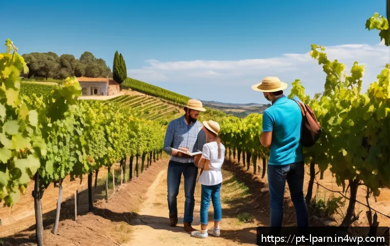 가족 여행과 직업 체험의 연결 - A vibrant family scene at a local vineyard in Portugal, with parents and two children wearing casual...