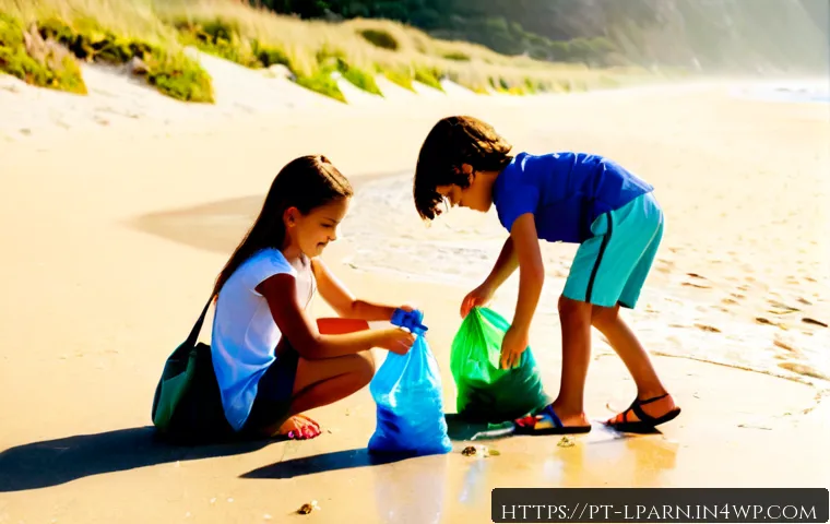 Home 17 여행 중 아이들에게 가르치는 환경 보호 - Photorealistic family travel scene on a sunny Portuguese Atlantic beach, two school-age children wea...